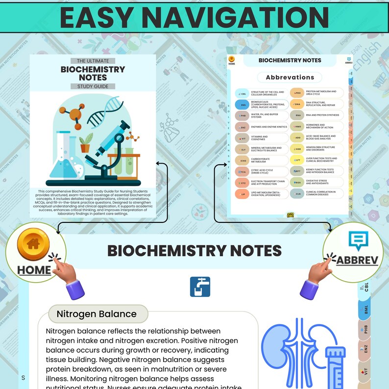 K&ouml;nnte beinhalten: Ein Biochemie-Leitfaden mit dem Text "EASY NAVIGATION" und "BIOCHEMISTRY NOTES". Der Leitfaden enth&auml;lt eine Mikroskop-Illustration, Molekulardiagramme und eine Liste von Abk&uuml;rzungen. Informationen zum Stickstoffgleichgewicht sind ebenfalls enthalten.