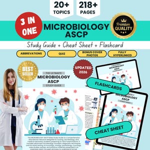 Puede incluir: Un conjunto de guía de estudio, hoja de trucos y tarjetas didácticas de Microbiology ASCP con más de 218 páginas y 20 temas. El recurso digital incluye ilustraciones de profesionales de laboratorio, equipo médico y texto de preparación.
