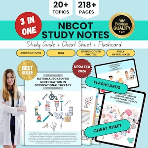 May include: A study guide for the National Board for Certification in Occupational Therapy. The image shows a study guide, cheat sheet, and flashcards. The guide includes over 20 topics and 218 pages. The guide is updated for 2026 and is a best seller.