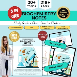 K&ouml;nnte beinhalten: Ein Biochemie-Leitfaden, ein Spickzettel und ein Karteikartenset. Das Cover zeigt ein Mikroskop und Molekulardiagramme. Enth&auml;lt &uuml;ber 20 Themen und 218+ Seiten. Aktualisiert f&uuml;r 2026 und vollst&auml;ndig verlinkt.