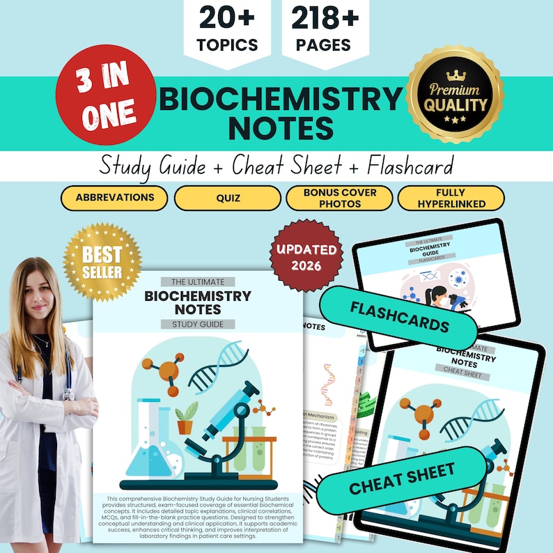 K&ouml;nnte beinhalten: Ein Biochemie-Leitfaden, ein Spickzettel und ein Karteikartenset. Das Cover zeigt ein Mikroskop und Molekulardiagramme. Enth&auml;lt &uuml;ber 20 Themen und 218+ Seiten. Aktualisiert f&uuml;r 2026 und vollst&auml;ndig verlinkt.