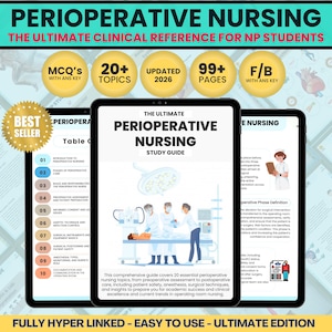 Könnte beinhalten: Ein digitales Studienhandbuch für perioperative Pflege mit dem Text "The Ultimate Perioperative Nursing Study Guide". Der Leitfaden enthält Themen, Aktualisierungen und Seiten. Der Text "Fully Hyper Linked - Easy to Use - Ultimate Edition" ist ebenfalls enthalten.