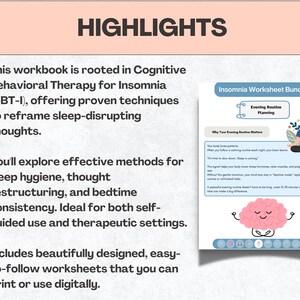 May include: A digital workbook titled "Insomnia Worksheet Bundle" with the text "Evening Routine Planning." The image includes a person meditating, a pink brain graphic, and bullet points describing the workbook's features.