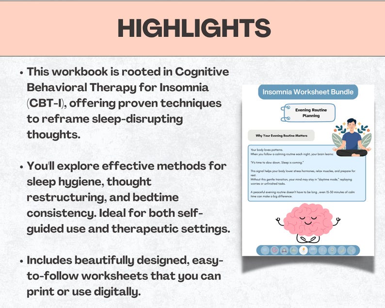 May include: A digital workbook titled "Insomnia Worksheet Bundle" with the text "Evening Routine Planning." The image includes a person meditating, a pink brain graphic, and bullet points describing the workbook's features.