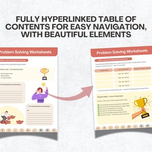 以下が含まれることがあります： 赤色の見出しが付いた「Problem Solving Worksheets」の2ページ見開き。左ページには電球を持った人とパズルのピースを組み立てている人がいます。右ページには金のトロフィーのイラストがあります。
