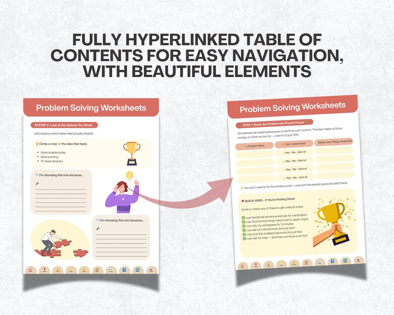以下が含まれることがあります： 赤色の見出しが付いた「Problem Solving Worksheets」の2ページ見開き。左ページには電球を持った人とパズルのピースを組み立てている人がいます。右ページには金のトロフィーのイラストがあります。