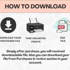 以下が含まれることがあります： 「HOW TO DOWNLOAD」というタイトルのインフォグラフィック。ダウンロード矢印、プリンター、PDFファイルアイコンがあります。アイコンの下のテキストは「DOWNLOAD YOUR PURCHASED FILE」、「TAKE UNLIMITED PRINTS」、「PDF FILE」と表示されています。追加のテキストはダウンロードプロセスを説明しています。