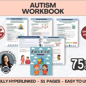 May include: An Autism Workbook with the title at the top. The workbook includes several pages with text and illustrations. The image also includes a "Top Seller" badge, a "75% Off" badge, and the text "Fully Hyperlinked - 51 Pages - Easy to Use."