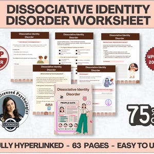 May include: A collection of worksheets titled "Dissociative Identity Disorder Worksheet." The image includes several pages with text and graphics, a "Top Seller" badge, and a "75% Off" promotion. The text "Fully Hyperlinked - 63 Pages - Easy to Use" is also visible.