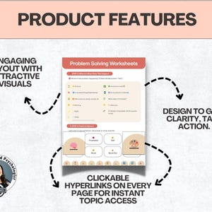 以下が含まれることがあります： 「Problem Solving Worksheets」というタイトルのデジタル製品で、「Product Features」というテキストが入っています。デザインには、魅力的なビジュアル、クリック可能なハイパーリンク、明確さを得て行動するためのデザインが施されています。