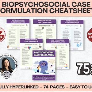 May include: A digital Biopsychosocial Case Formulation cheatsheet set featuring multiple pages with purple headers, clinical prompts, and structured lists. The cover page displays an illustration of a person with a tangled brain and a sun icon.