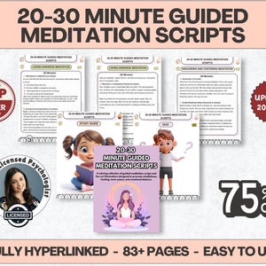 May include: A collection of 20-30 minute guided meditation scripts featuring 83+ pages of text, study guides, and quizzes. The materials include illustrations of a person reading, a person thinking, and a person meditating in a lotus position.