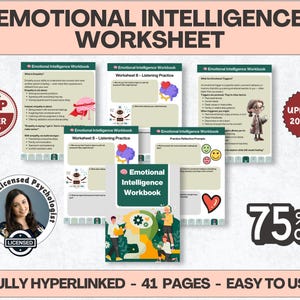 Puede incluir: Una hoja de trabajo de Inteligencia Emocional con el título "Emotional Intelligence Worksheet" en la parte superior. La imagen incluye varias páginas de hojas de trabajo, una insignia de "Top Seller" y una insignia de "75% Off". También es visible el texto "Fully Hyperlinked - 41 Pages - Easy to Use".