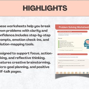 以下が含まれることがあります： 「Problem Solving Worksheets」というタイトルのデジタルワークシート。プロンプト、感情チェック、ソリューションマッピングツールが付属しています。ワークシートは、集中力と反省的思考をサポートするように設計されています。「HIGHLIGHTS」という単語が一番上にあります。
