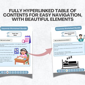 May include: Two-page spread from an "Insomnia Worksheet Bundle" with the text "FULLY HYPERLINKED TABLE OF CONTENTS FOR EASY NAVIGATION, WITH BEAUTIFUL ELEMENTS." The pages feature text and illustrations about sleep and insomnia.
