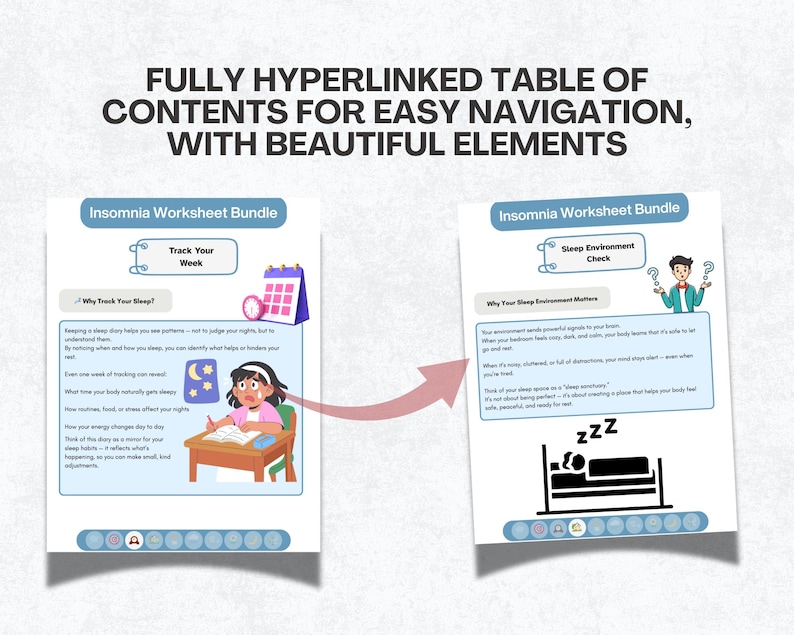 May include: Two-page spread from an "Insomnia Worksheet Bundle" with the text "FULLY HYPERLINKED TABLE OF CONTENTS FOR EASY NAVIGATION, WITH BEAUTIFUL ELEMENTS." The pages feature text and illustrations about sleep and insomnia.
