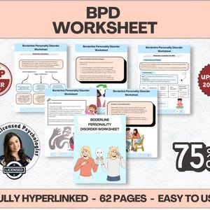 May include: A set of BPD (Borderline Personality Disorder) worksheets. The image shows multiple pages with text and diagrams, a "Top Seller" badge, and a "75% Off" promotion. The text reads "Fully Hyperlinked - 62 Pages - Easy to Use."