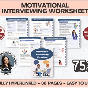 May include: A promotional image for a motivational interviewing worksheet. The image features several pages of the worksheet, a "Top Seller" badge, and a "75% Off" promotion. The text includes "Motivational Interviewing Worksheet," "Updated 2025/26," and "Fully Hyperlinked - 36 Pages - Easy to Use."
