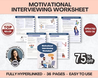 May include: A promotional image for a motivational interviewing worksheet. The image features several pages of the worksheet, a "Top Seller" badge, and a "75% Off" promotion. The text includes "Motivational Interviewing Worksheet," "Updated 2025/26," and "Fully Hyperlinked - 36 Pages - Easy to Use."
