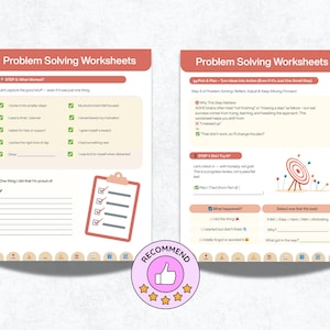 以下が含まれることがあります： ピンクと白のデザインの、問題解決ワークシート2ページ。左ページにはチェックリストとメモスペースがあります。右ページにはターゲットグラフィックと自己反省のためのプロンプトがあります。テキストには「Problem Solving Worksheets」が含まれています。