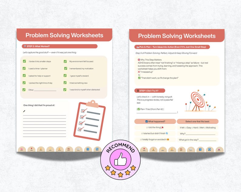 以下が含まれることがあります： ピンクと白のデザインの、問題解決ワークシート2ページ。左ページにはチェックリストとメモスペースがあります。右ページにはターゲットグラフィックと自己反省のためのプロンプトがあります。テキストには「Problem Solving Worksheets」が含まれています。