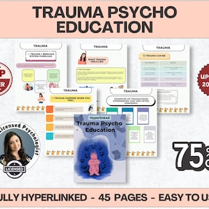 Peut inclure: Une ressource éducative numérique intitulée "Trauma Psycho Education" avec plusieurs pages affichées. Les pages contiennent du texte et des illustrations sur le traumatisme, y compris "Trauma Happens When You Feel" et "Examples of Traumatizing Experiences". La ressource est entièrement hyperliée et compte 45 pages.