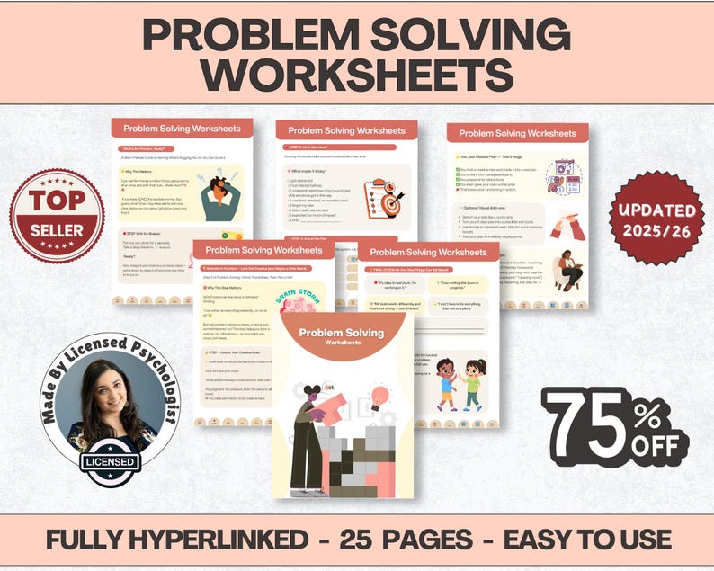以下が含まれることがあります： 「Problem Solving Worksheets」のテキストが入った問題解決ワークシートのコレクション。画像には「Top Seller」バッジ、「75% OFF」グラフィック、および「UPDATED 2025/26」のテキストが含まれています。ワークシートは完全にハイパーリンクされており、使いやすいです。
