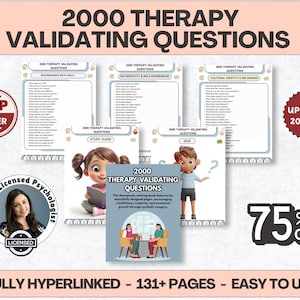 Pode incluir: Uma coleção digital intitulada 2000 Therapy Validating Questions, contendo várias páginas com listas de perguntas, um guia de estudo, um questionário e uma capa. O conjunto inclui ilustrações de crianças e adultos, atualizado para 2025/26.
