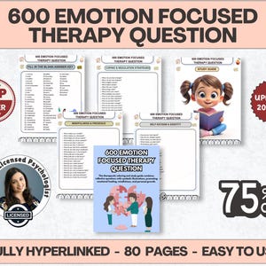 Könnte beinhalten: Eine digitale Therapiematerial-Sammlung mit dem Titel 600 Emotion Focused Therapy Question, bestehend aus 80 verlinkten Seiten. Das Set enthält Lernhilfen, Antwortschlüssel und Arbeitsblätter zu Achtsamkeit, Selbstwertgefühl und Bewältigungsstrategien.