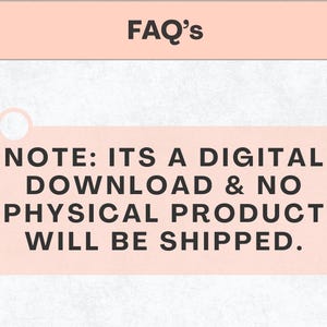 以下が含まれることがあります： 「FAQ's」の文字が上部に表示されたデジタルダウンロード製品のお知らせ。テキスト「NOTE: ITS A DIGITAL DOWNLOAD & NO PHYSICAL PRODUCT WILL BE SHIPPED」がピンク色の背景に表示されています。