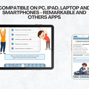 May include: A digital illustration shows a tablet and a smartphone displaying sleep-related content. The tablet features a list of relaxation techniques, while the phone shows a worksheet. Text at the top reads "COMPATIBLE ON PC, IPAD, LAPTOP AND SMARTPHONES - REMARKABLE AND OTHERS APPS."