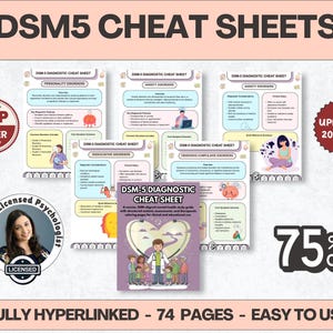 May include: A collection of DSM-5 diagnostic cheat sheets featuring colorful educational pages with text, illustrations, and diagrams. The documents include headers like Personality Disorders, Anxiety Disorders, and Obsessive-Compulsive Disorders.