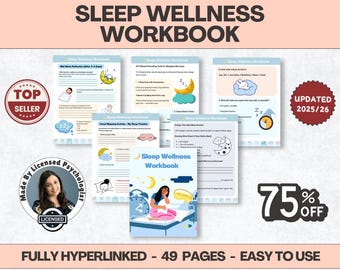 May include: A sleep wellness workbook with several pages displayed, featuring illustrations of a moon, clouds, and a person in bed. The cover shows a woman in bed with an alarm clock. The text includes "Sleep Wellness Workbook", "Top Seller", and "Updated 2025/26".