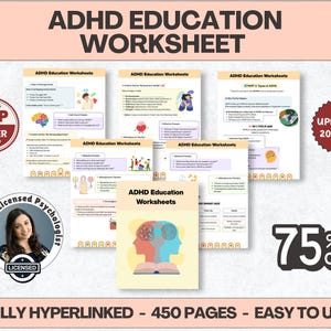 May include: A collection of ADHD Education Worksheets, featuring colorful illustrations and text. The image includes a "Top Seller" badge, a "75% Off" promotion, and the text "Updated 2025/26". The worksheets are described as "Fully Hyperlinked - 450 Pages - Easy to Use".
