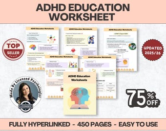 ハイパーリンク付きADHD教育ワークシートバンドル、実行機能テンプレート、ADHD症状心理教育ワークブック、成人向けADHDリソース