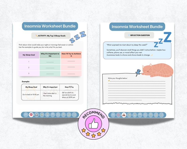 May include: Two-page Insomnia Worksheet Bundle with a light blue header. The left page has a table for sleep goals, and the right page has a reflection question and a drawing of a sleeping cat. The word "RECOMMEND" is on a pink badge.