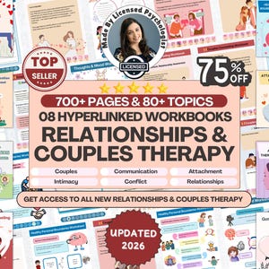 Puede incluir: Una imagen promocional para recursos de terapia de pareja y relaciones. La imagen presenta una variedad de cuadernos de trabajo y hojas de trabajo con títulos como "Comunicación Saludable" y "Cuaderno de Estilo de Apego". El texto incluye "700+ páginas y 80+ temas" y "Terapia de Pareja y Relaciones."