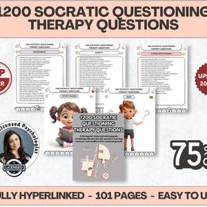 May include: A digital collection titled 1200 Socratic Questioning Therapy Questions featuring 101 pages of therapeutic study and coloring guides. The set includes sections on depression, anxiety, and coping mechanisms, with illustrations of children and puzzle pieces.