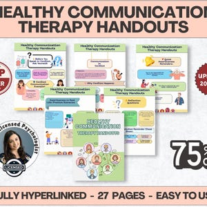 Puede incluir: Un conjunto de "Healthy Communication Therapy Handouts" con gráficos y texto coloridos. La imagen incluye una insignia de "Top Seller", una promoción de "75% Off" y el texto "Updated 2025/26". Los folletos están totalmente enlazados y son fáciles de usar.