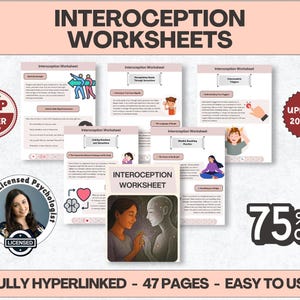 May include: A collection of Interoception Worksheets with the title at the top. The worksheets are displayed on a light background with illustrations and text. The image includes a "Top Seller" badge, a photo of a licensed psychologist, and a "75% OFF" promotion.