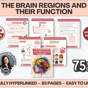 May include: A collection of worksheets titled "The Brain Regions and Their Function Worksheet." The cover features a colorful brain illustration. Text includes "Top Seller," "Updated 2025/26," and "75% Off." The product is "Fully Hyperlinked - 83 Pages - Easy to Use."