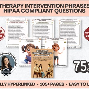 May include: A digital resource titled 1200 Therapy Intervention Phrases HIPAA Compliant, featuring multiple document pages, a study guide, a quiz, and a cover page with an illustration of three people sitting. Includes text labels like Top Seller and Updated 2025/26.