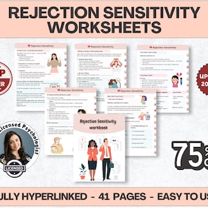 May include: A set of Rejection Sensitivity Worksheets, including a workbook and several pages with text and illustrations. The image features the text "TOP SELLER", "UPDATED 2025/26", and "75% OFF". The bottom of the image reads "FULLY HYPERLINKED - 41 PAGES - EASY TO USE".
