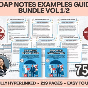 Peut inclure: Un ensemble numérique de guides d'exemples de notes SOAP comprenant 219 pages de cahiers d'exercices, de guides d'étude et d'évaluations en santé mentale. Les documents incluent des en-têtes SOAP NOTES EXAMPLES GUIDE et divers titres.