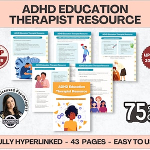 May include: A collection of ADHD Education Therapist Resource guides. The guides feature illustrations and text, with the title "ADHD Education Therapist Resource" at the top. The image includes a "Top Seller" badge, a "75% Off" graphic, and the text "Updated 2025/26".