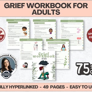 Op de afbeelding: Een verzameling rouw-werkboeken voor volwassenen, met een groen en wit ontwerp. De cover toont de titel "Grief Workbook for Adults". De afbeelding bevat illustraties en de tekst "Fully Hyperlinked - 49 Pages - Easy to Use". Een "Top Seller" badge is zichtbaar.
