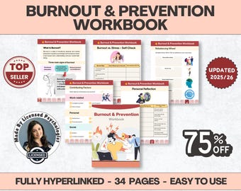 Burnout Prevention Workbook, Overcoming burnout worksheets , Stress management, Depression Therapy Worksheets, school counsellor ,DBT, CBT