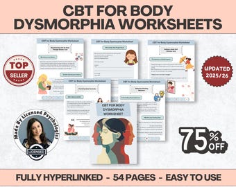 CBT for Body Dysmorphia Worksheets, 54+ Pages, 10+ Topics, Hyperlinked (Digital Download) PDF
