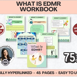 Peut inclure: Un cahier d'exercices intitulé "What is EDMR Workbook" avec plusieurs pages affichées, dont une table des matières et des informations sur l'EDMR. La couverture présente le texte "What is EDMR ?" et des illustrations. Le cahier est décrit comme entièrement hyperlié et facile à utiliser.