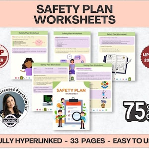 Może przedstawiać: Prezentacja arkuszy roboczych planu bezpieczeństwa z tytułem "SAFETY PLAN WORKSHEETS" na górze. Arkusze robocze zawierają ilustracje i tekst na jasnym tle. Zawiera odznakę "TOP SELLER" i promocję "75% OFF".
